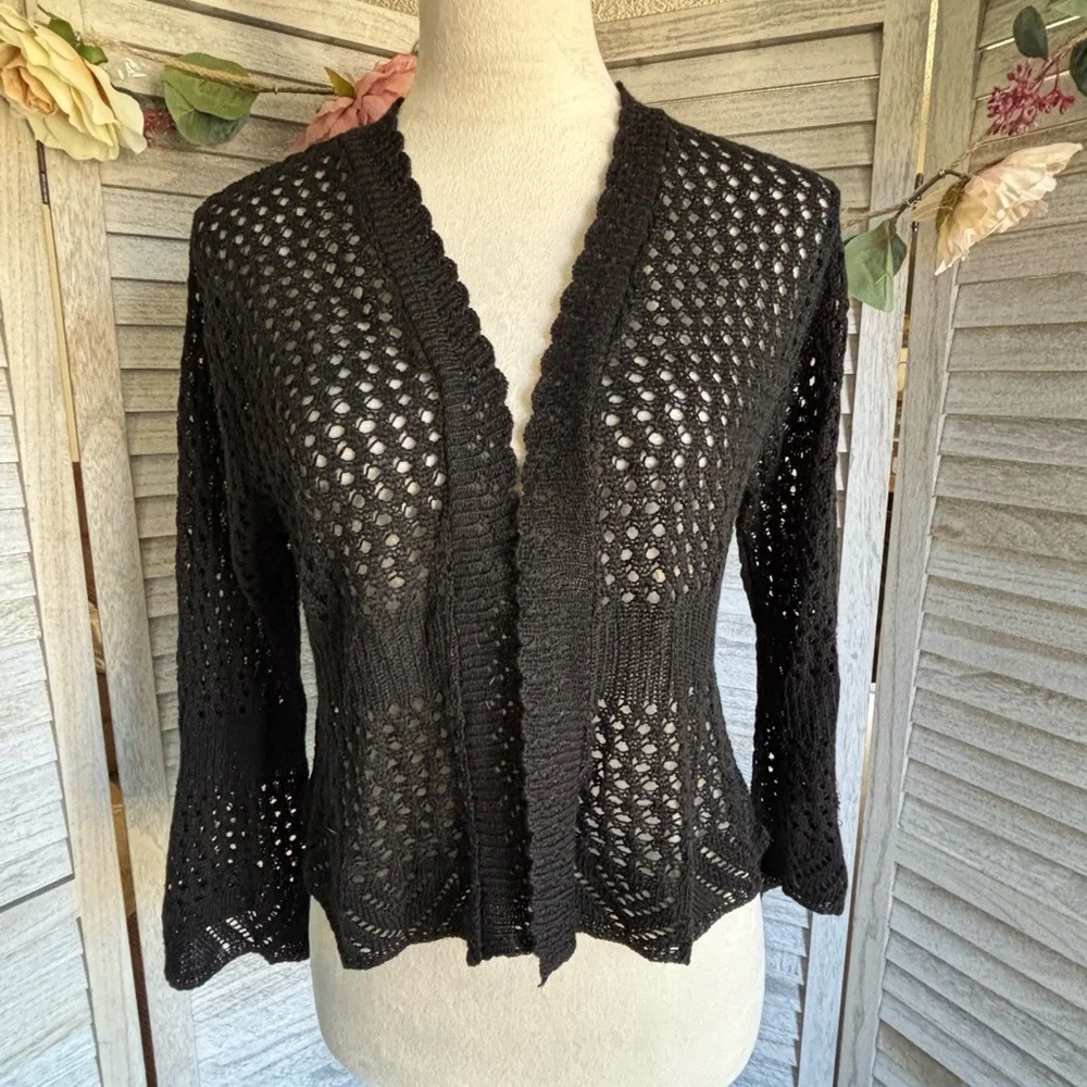 SWEET KIZZ Women’s SZ XL Black Crochet Knit Shrug/Sweater/Jacket w/Bell Sleeves - Picture 8 of 16